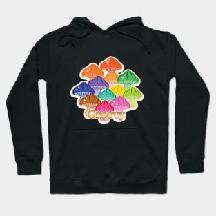 Magical Mushrooms with Groovy golden typography in Rainbow colours Hoodie